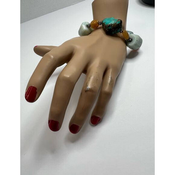 Handmade Turquoise and Agate Chunky Beaded Bracelet Clasp Closure - Picture 2 of 6